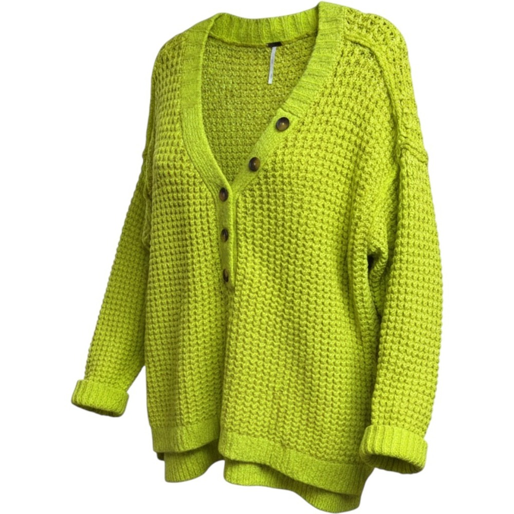 Free People Thermal Henley sweater acid lime green chunky knit front button M